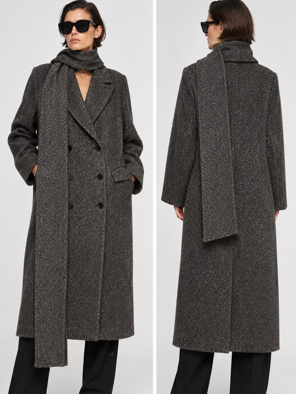 Zara NWT oversized Charcoal Double-Breasted scarf Coat 9902/732